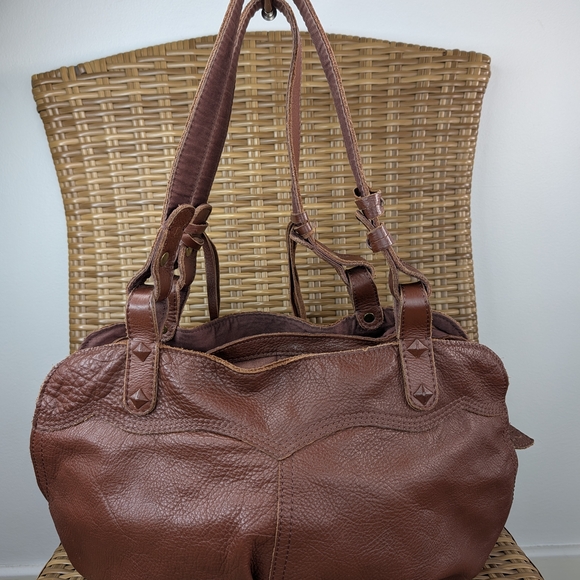 Lucky Brand Brown Leather Shoulder Tote Slouchy Hobo Bag Stud Tassel Detail - Picture 5 of 16